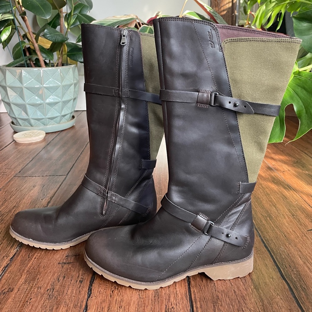 Teva  green & brown knee high canvas leather boots size 8.5